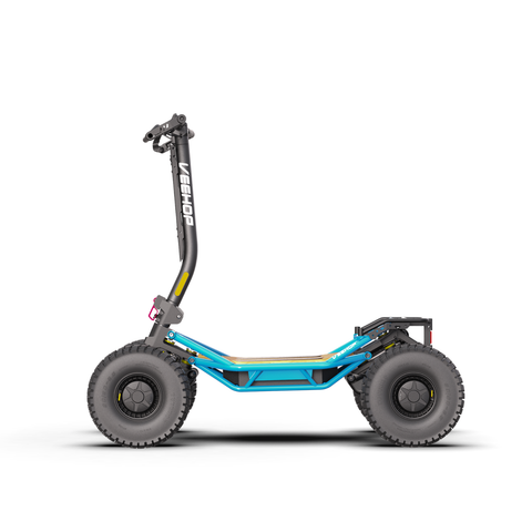 Trottinette électrique tout-terrain Veehop non homologuée bleue sans selle, vue latérale