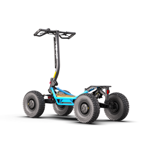 Trottinette électrique Veehop non homologuée bleue sans éclairage ni siège, vue de trois quarts arrière