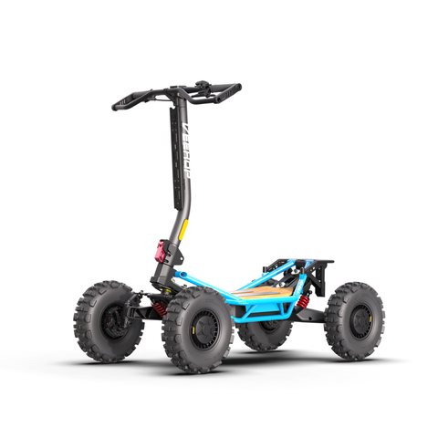 Trottinette électrique Veehop non homologuée bleue sans siège ni feux, vue de trois quarts avec pneus gros crampons