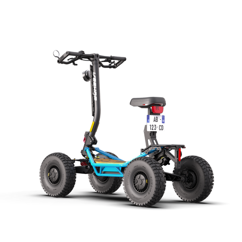 Trottinette électrique tout-terrain Veehop homologuée bleue avec siège et éclairage, vue de trois quarts arrière