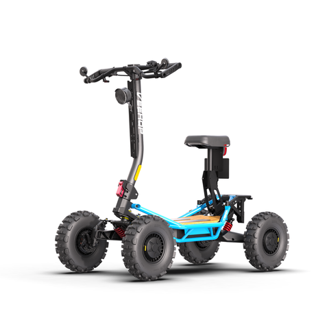 Trottinette électrique tout-terrain Veehop bleue homologuée avec selle et feux, vue arrière