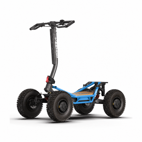 Trottinette Veehop bleue vue de côté avec quatre roues motrices