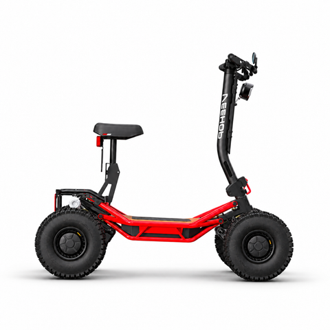 Vue latérale gauche de la trottinette Veehop rouge à quatre roues