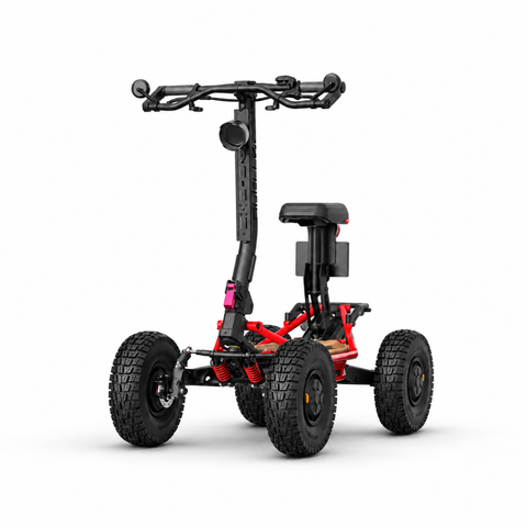 Vue trois quarts avant de la trottinette Veehop rouge avec suspension