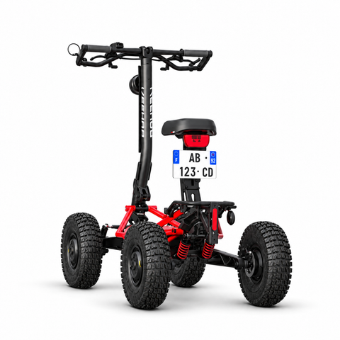 Vue arrière trois quarts de la trottinette électrique Veehop rouge