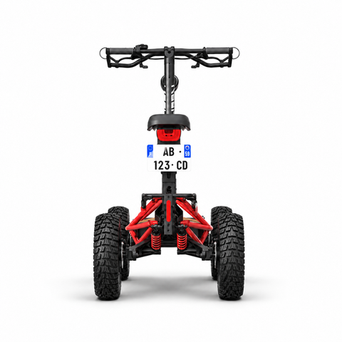 Vue arrière de la trottinette Veehop avec quatre pneus tout-terrain