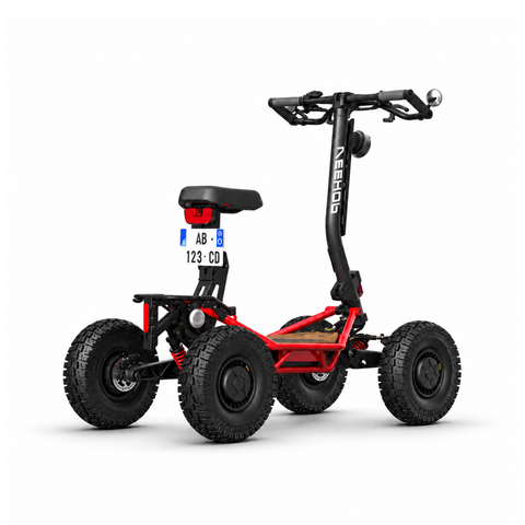 Vue arrière gauche de la trottinette Veehop avec siège et plaque